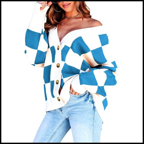 Oversized Cable Knit Cardigan V-Neck Button Down Long Sleeve Plaid Sweater